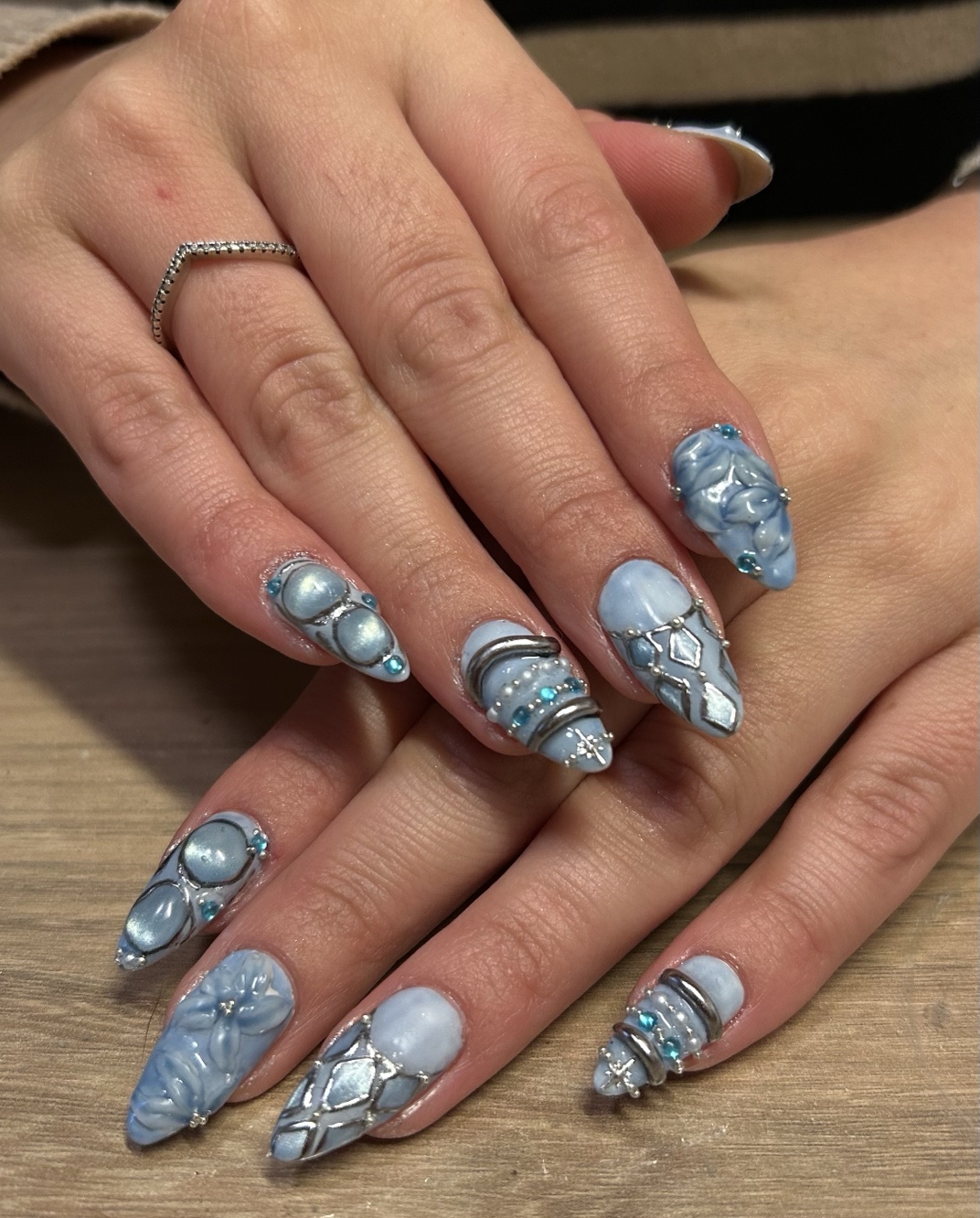 Light blue and silver 3D nail art